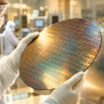 Fotorealistisch anmutender großer Halbleiterwafer in Reinraumumgebung, eine klare Mikrochipebene als zurückhaltende grafische Ergänzung.