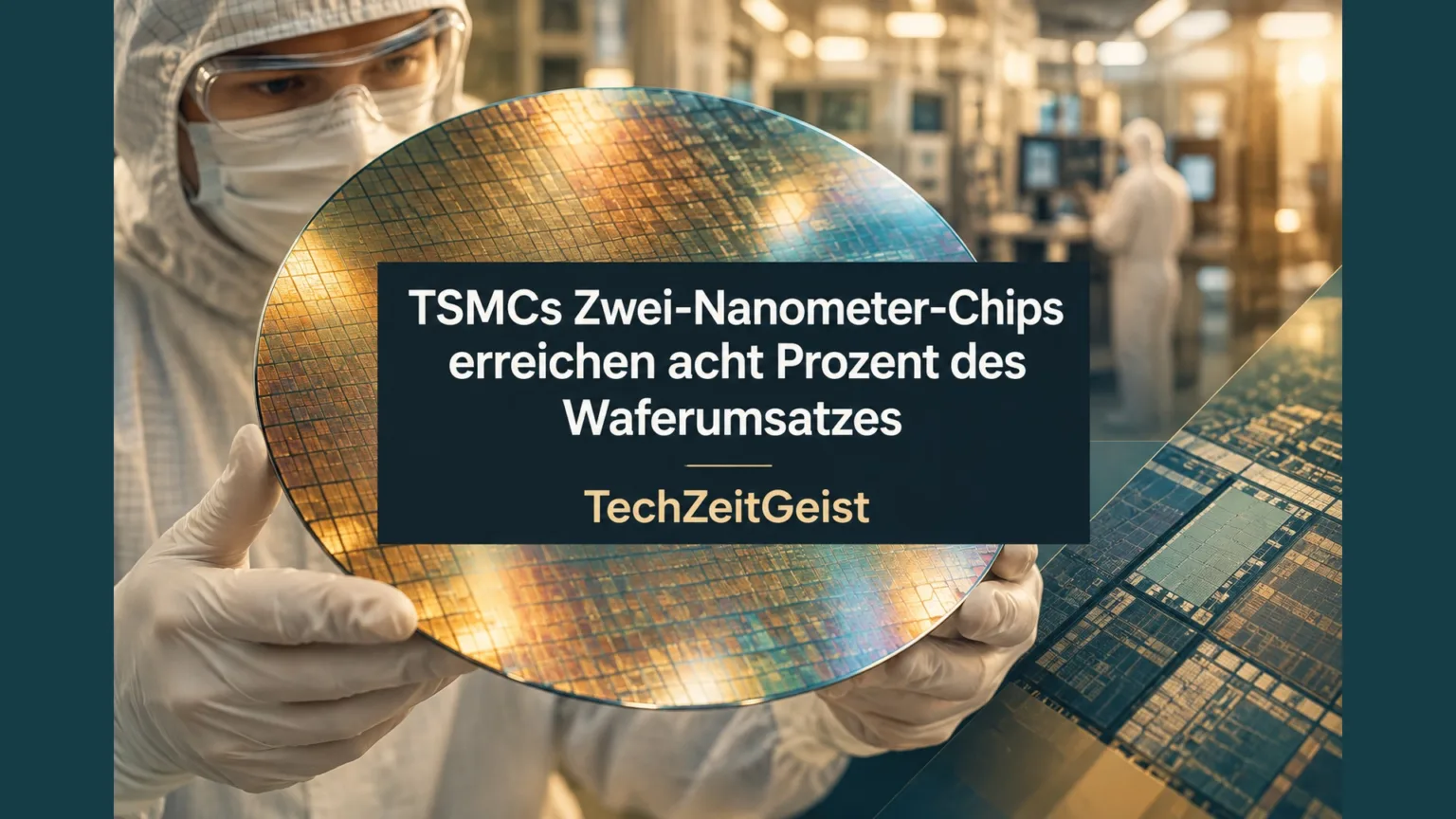 Fotorealistisch anmutender großer Halbleiterwafer in Reinraumumgebung, eine klare Mikrochipebene als zurückhaltende grafische Ergänzung.