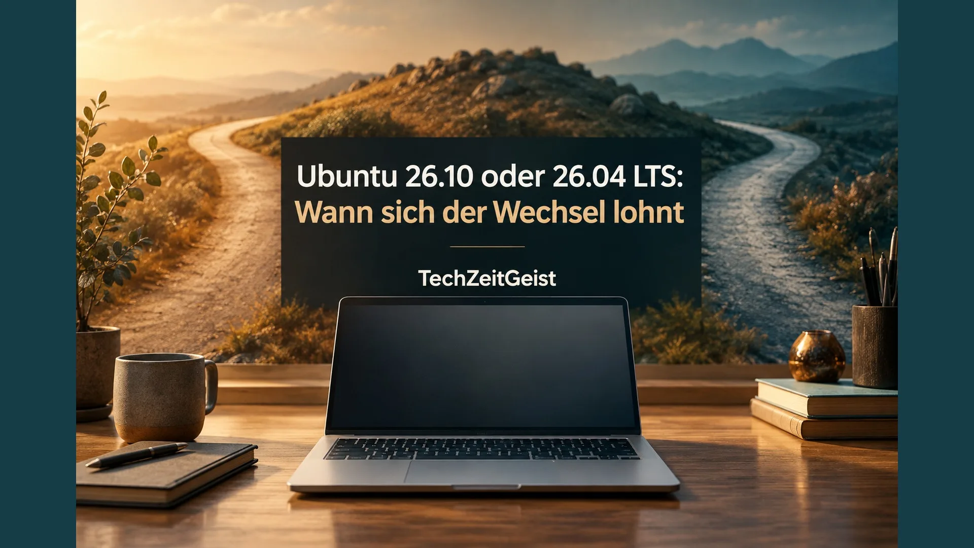 Ein neutraler Laptop auf ruhigem Arbeitsplatz, daneben zwei voneinander getrennte Wege als abstrakte Entscheidungsmetapher.