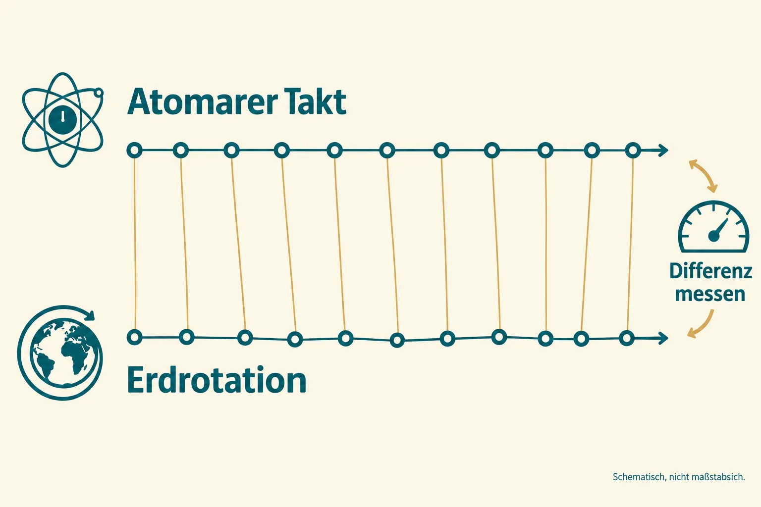 Gleichmäßiger atomarer Takt und veränderliche Erdrotation bleiben über gemessene Differenzen zuordenbar.