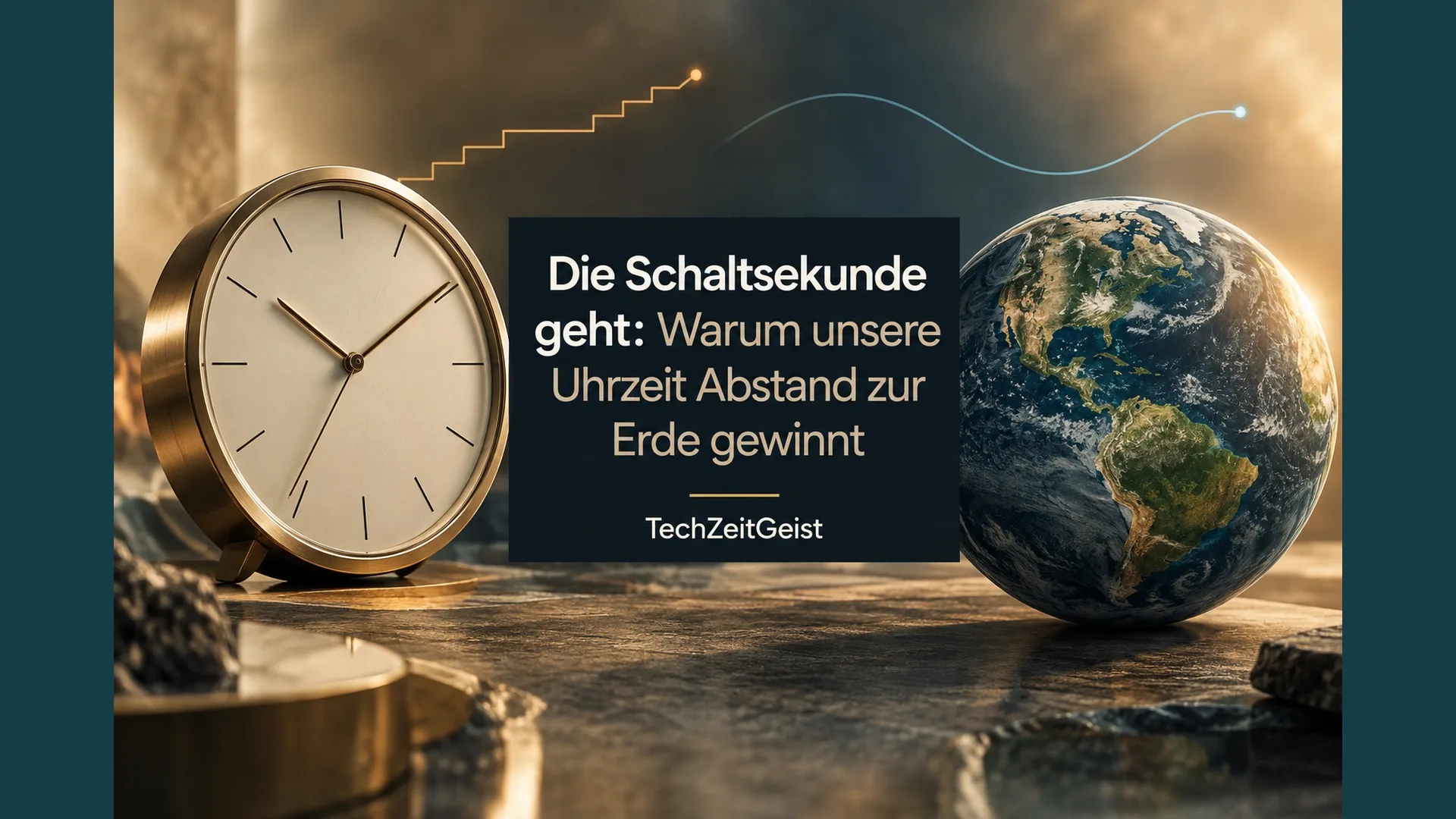 Große schlichte Präzisionsuhr neben einer realistischen Erdkugel, zwei visuell verschiedene Zeitverläufe als dezente grafische Ergänzung.