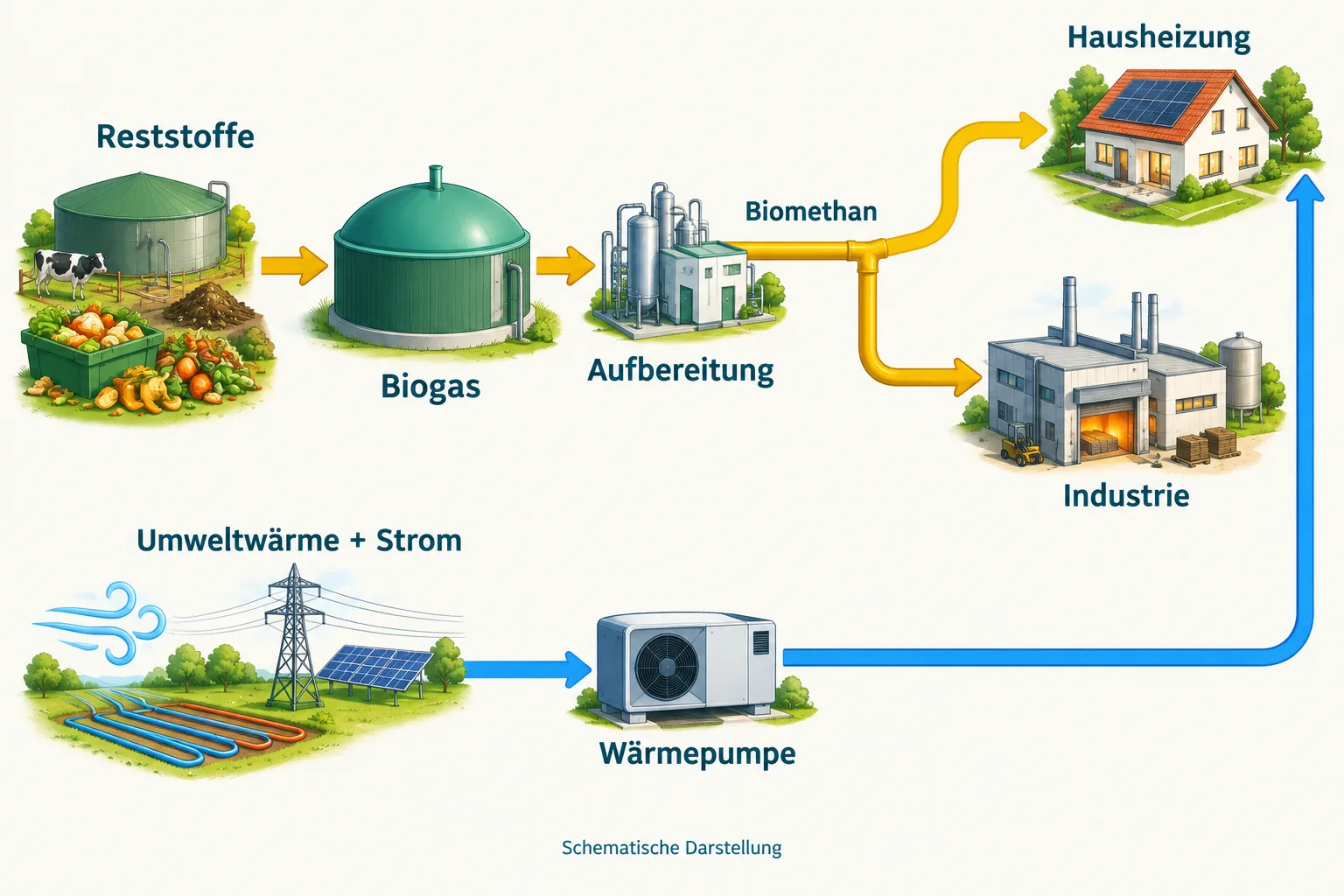 Reststoffe werden über Biogasaufbereitung zu Biomethan für Hausheizung und Industrie; ein getrennter Wärmepumpenpfad versorgt das Haus mit Umweltwärme und Strom.