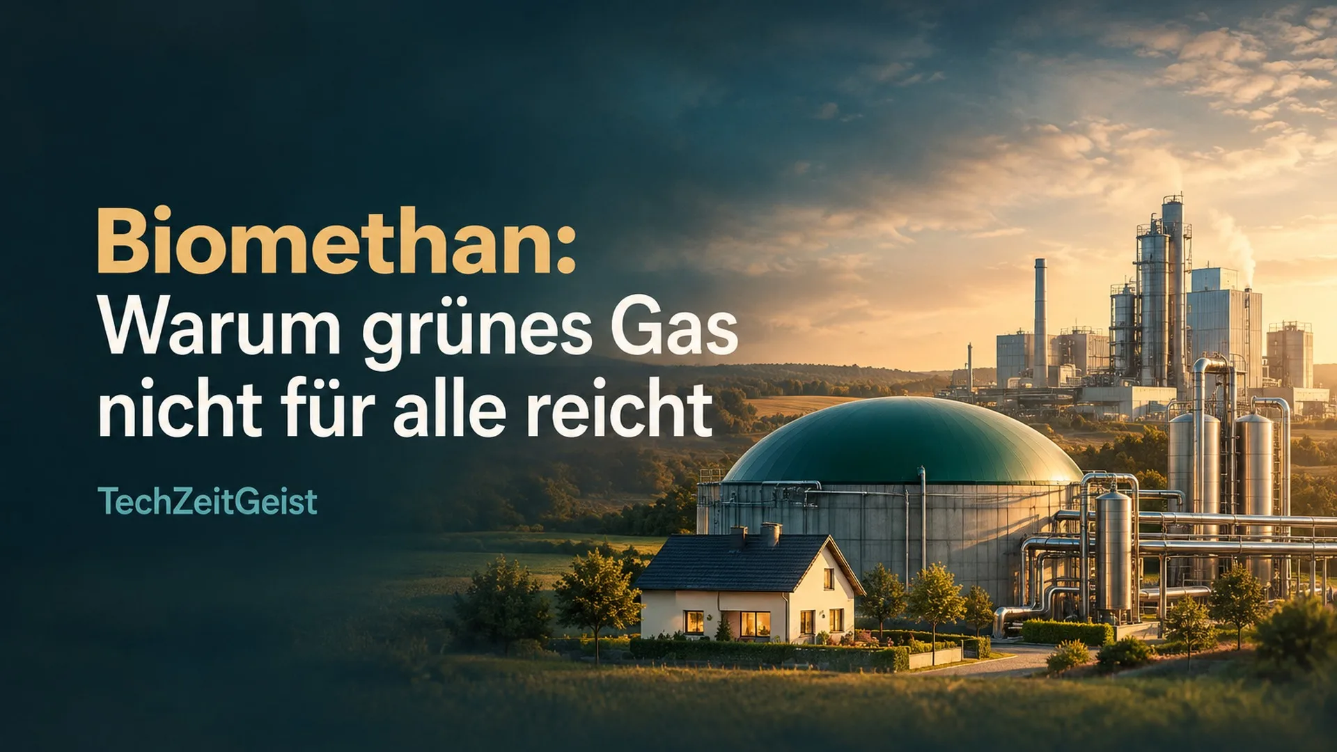 Biomethananlage, Haus und Industrie mit Artikelüberschrift und TechZeitGeist-Marke