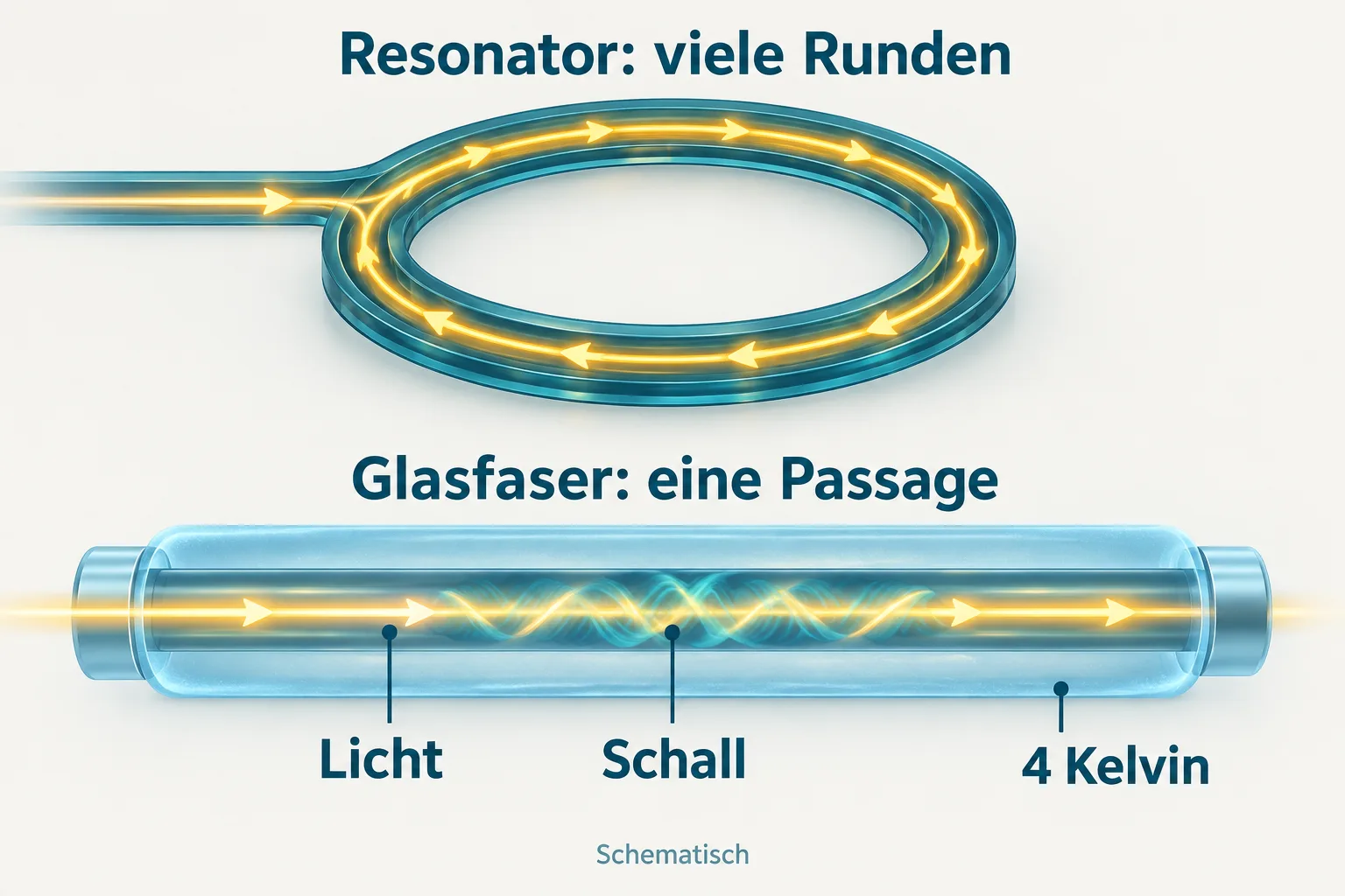 Schematischer Vergleich eines Ringresonators mit vielen Lichtumläufen und einer geraden Glasfaser bei vier Kelvin, in der Licht und Schall während einer Passage koppeln.