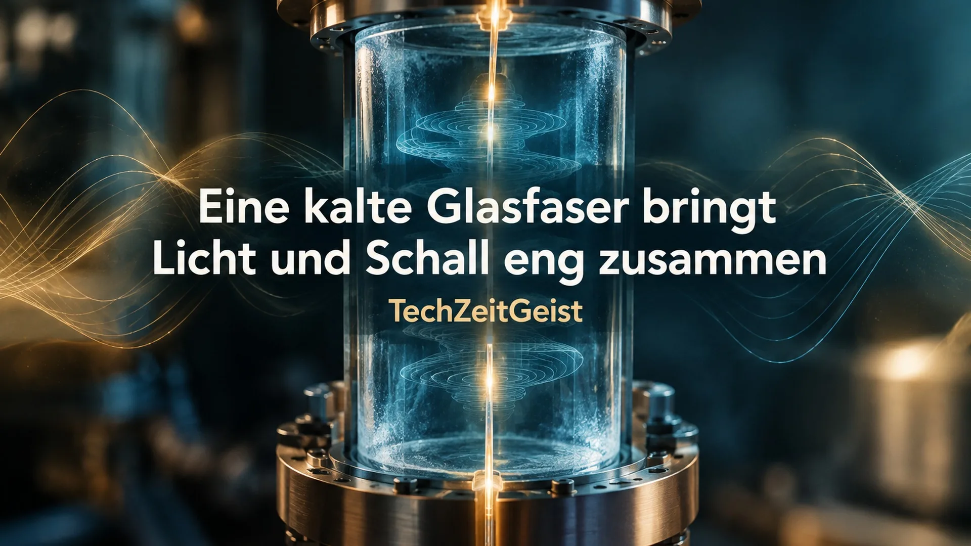 Symbolischer Kryostat mit Licht- und Schallwellen sowie vollständiger Artikelüberschrift und TechZeitGeist-Marke.