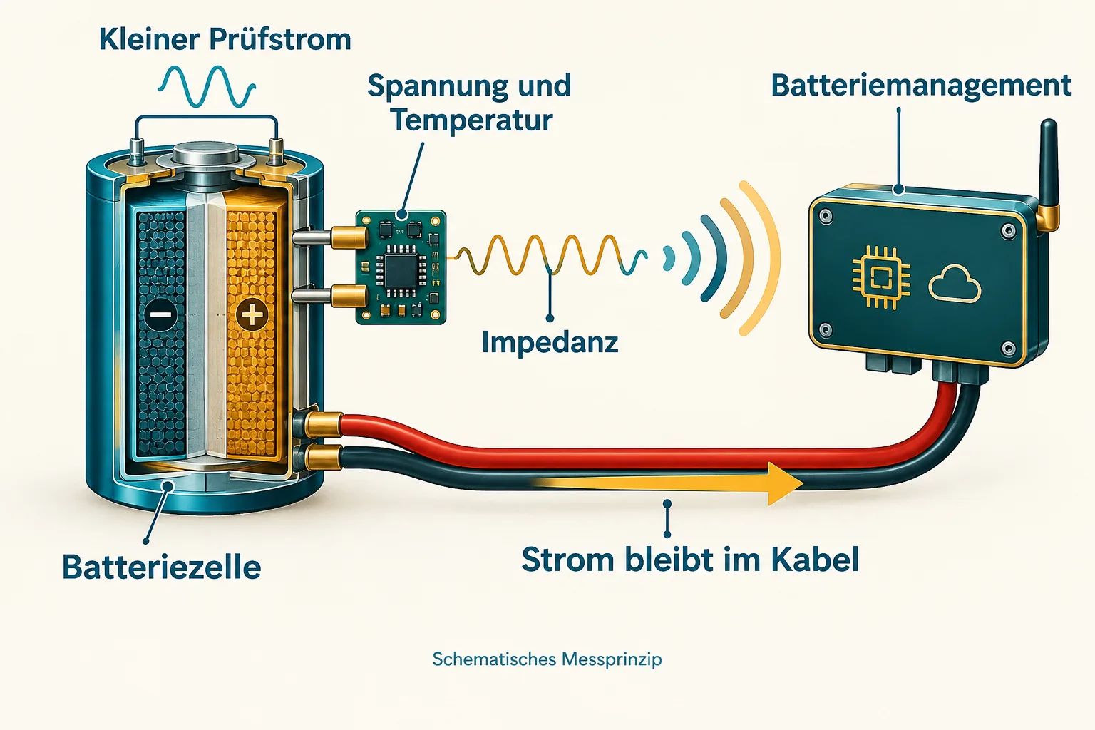 Schematische Batteriezelle mit Prüfstrom, Messchip und drahtloser Datenverbindung zum Batteriemanagement; der Leistungsstrom fließt über ein Kabel.