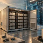 Symbolischer Speichercontainer mit Batteriezellen, Sensorplatinen und Rechenzentrumsracks.