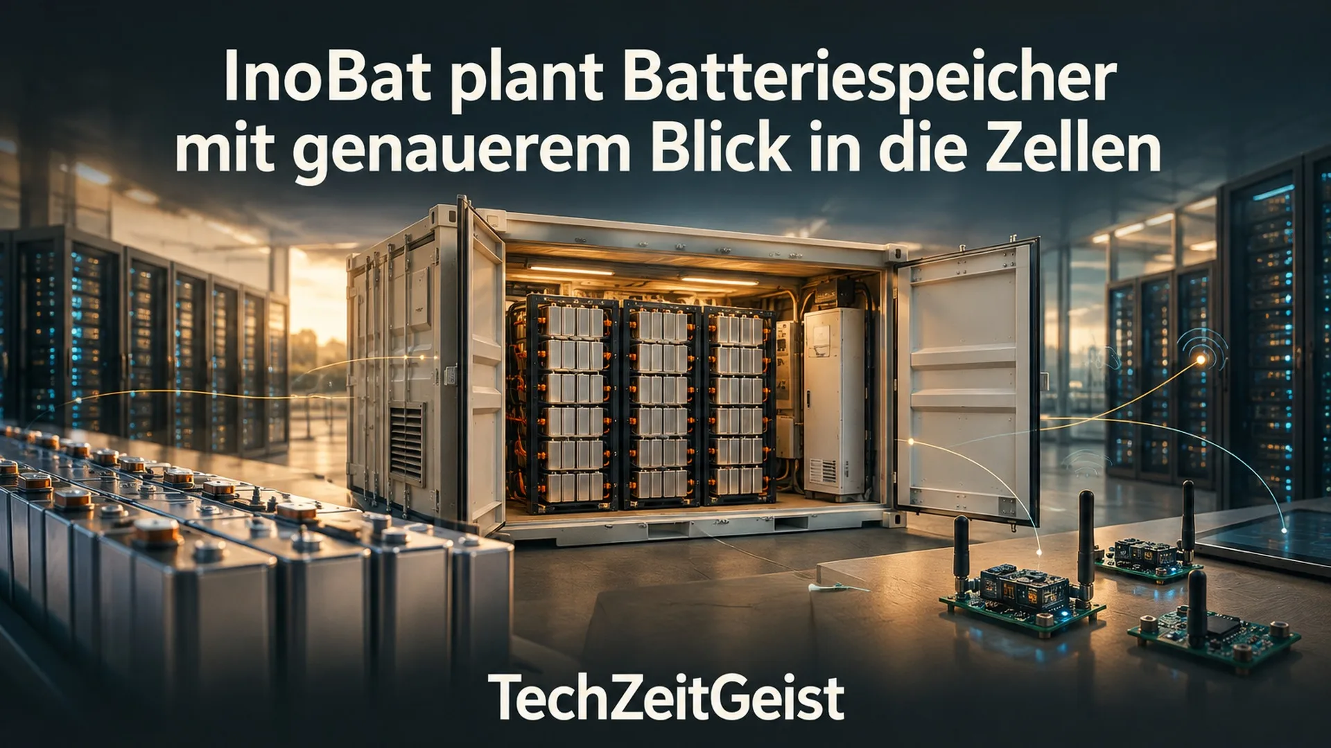 Batteriespeicher vor einem Rechenzentrum mit vollständiger Artikelüberschrift und TechZeitGeist-Marke.