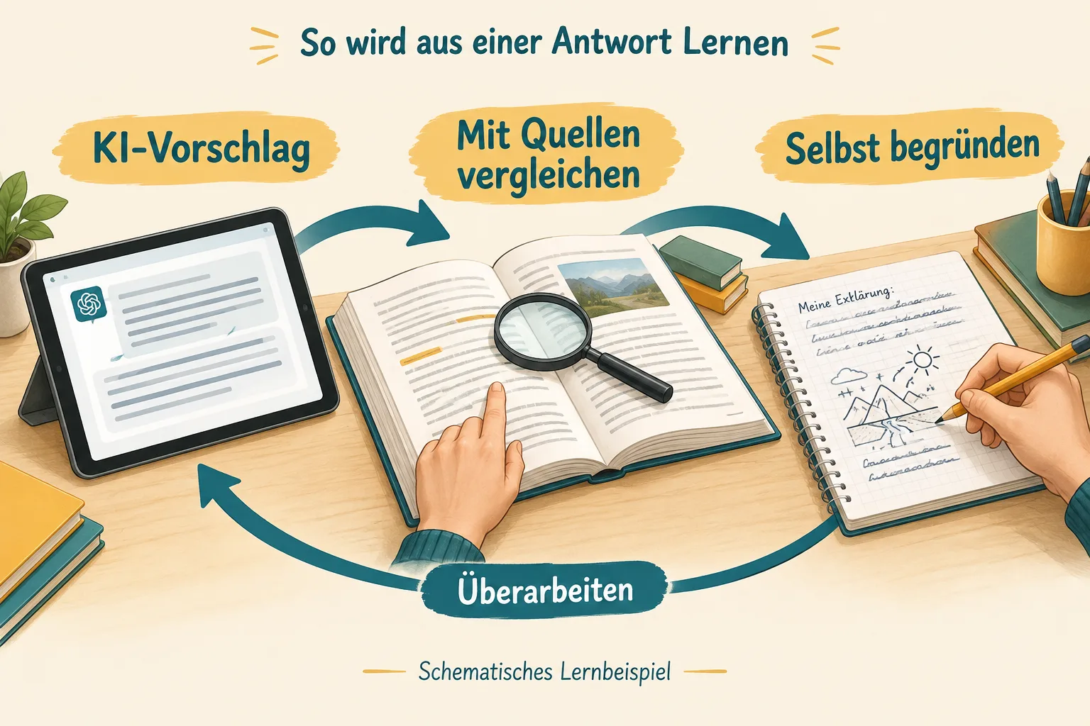 Schematischer Lernweg vom KI-Vorschlag über den Quellenvergleich zur eigenen Begründung