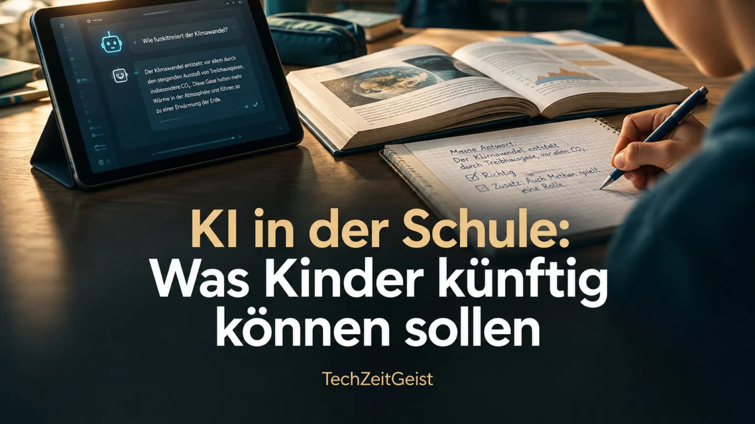 Schultisch mit Tablet und Heft sowie der Überschrift KI in der Schule: Was Kinder künftig können sollen