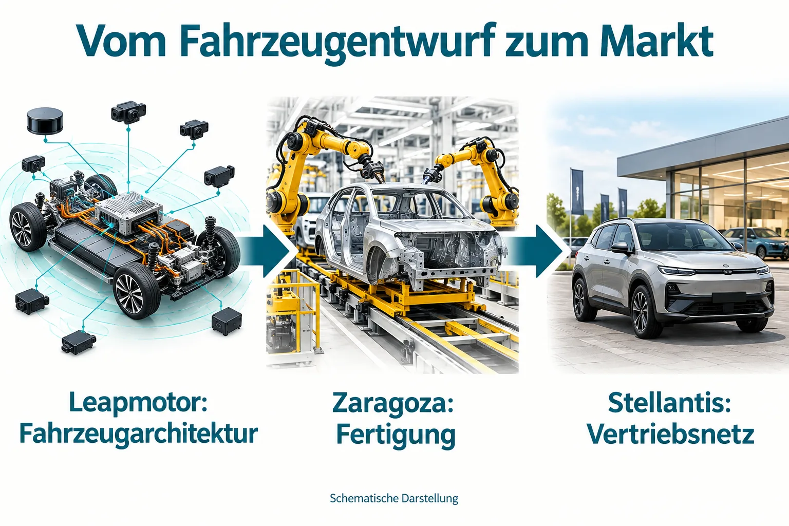 Drei durch Pfeile verbundene Stationen zeigen Leapmotors Fahrzeugarchitektur, die Fertigung in Zaragoza und das Stellantis-Vertriebsnetz.