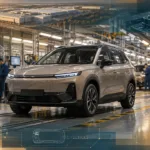 Symbolisches Elektroauto auf einer Montageanlage mit technischen Zeichnungselementen.