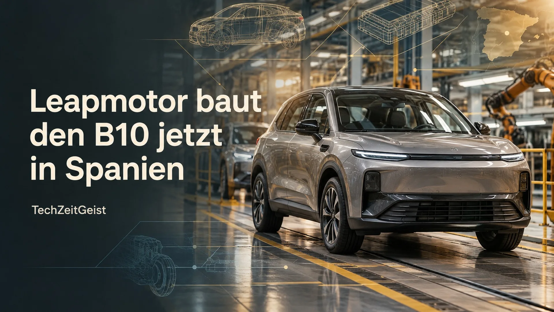 Elektroauto an einer Montagelinie mit der Überschrift Leapmotor baut den B10 jetzt in Spanien.
