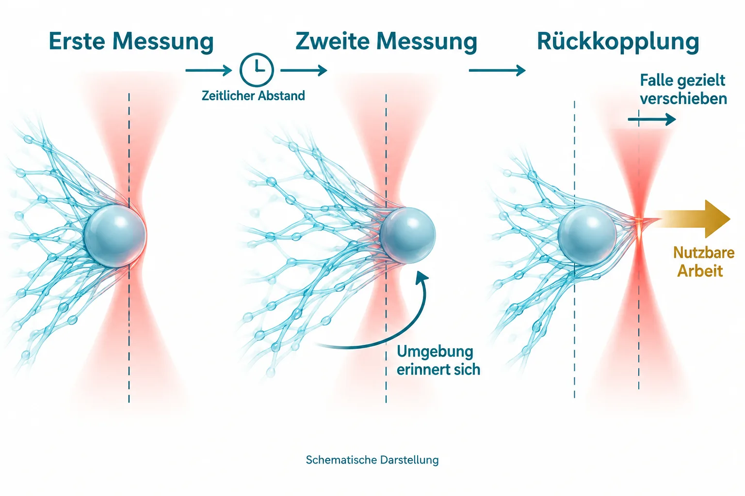 Zwei zeitversetzte Messungen eines Teilchens im elastischen Flüssigkeitsnetz liefern Informationen für das gezielte Verschieben der optischen Falle.