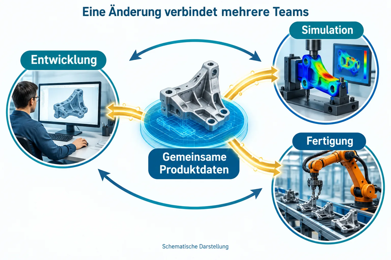 Ein gemeinsames digitales Bauteilmodell verbindet Entwicklung, Simulation und Fertigung über Datenverbindungen.