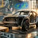 Rohkarosserie eines Autos mit symbolisch verknüpften digitalen Entwicklungsansichten.