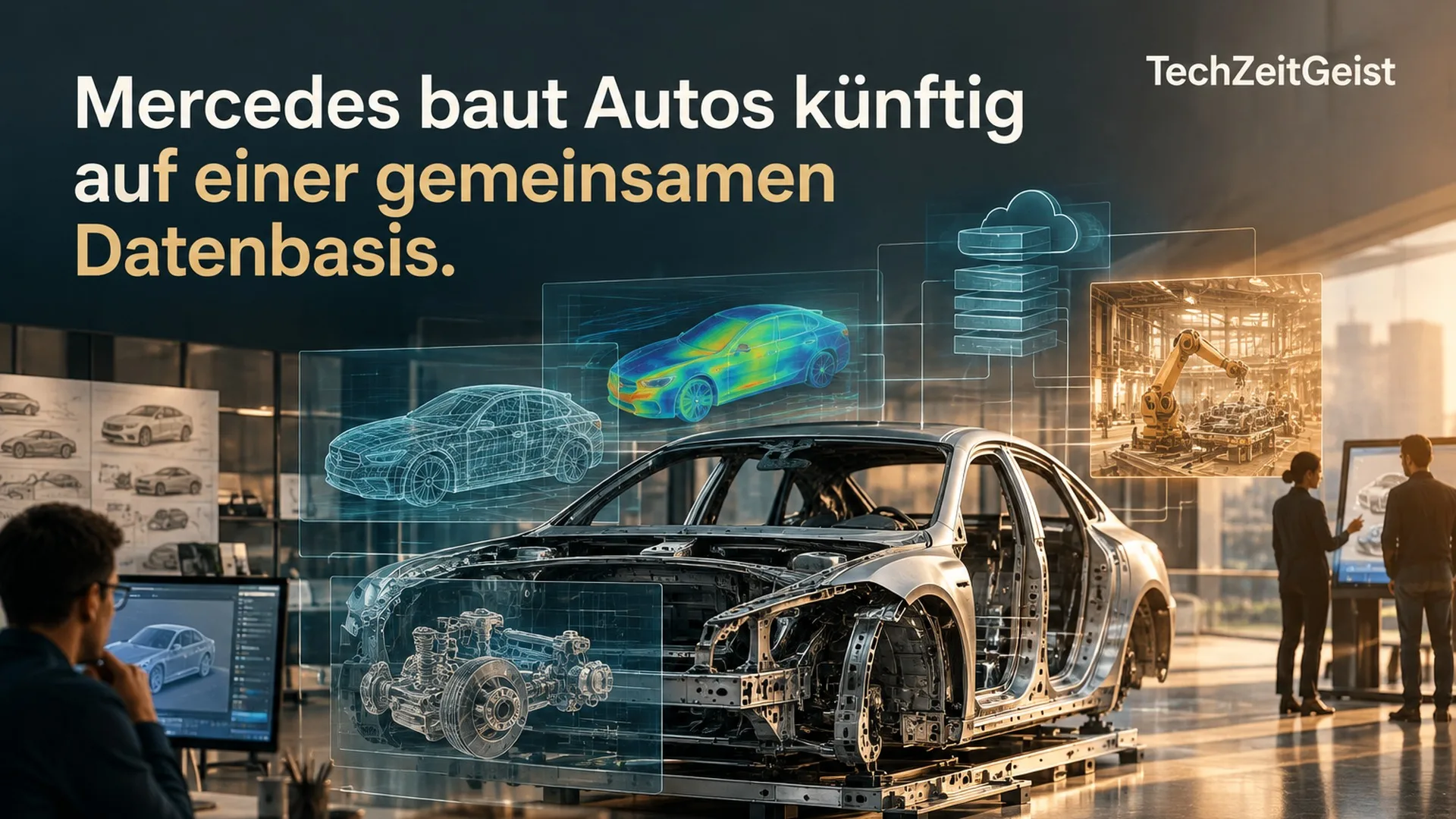 Automobil im Entwicklungsstudio mit digitalen Modellebenen und der Artikelüberschrift.