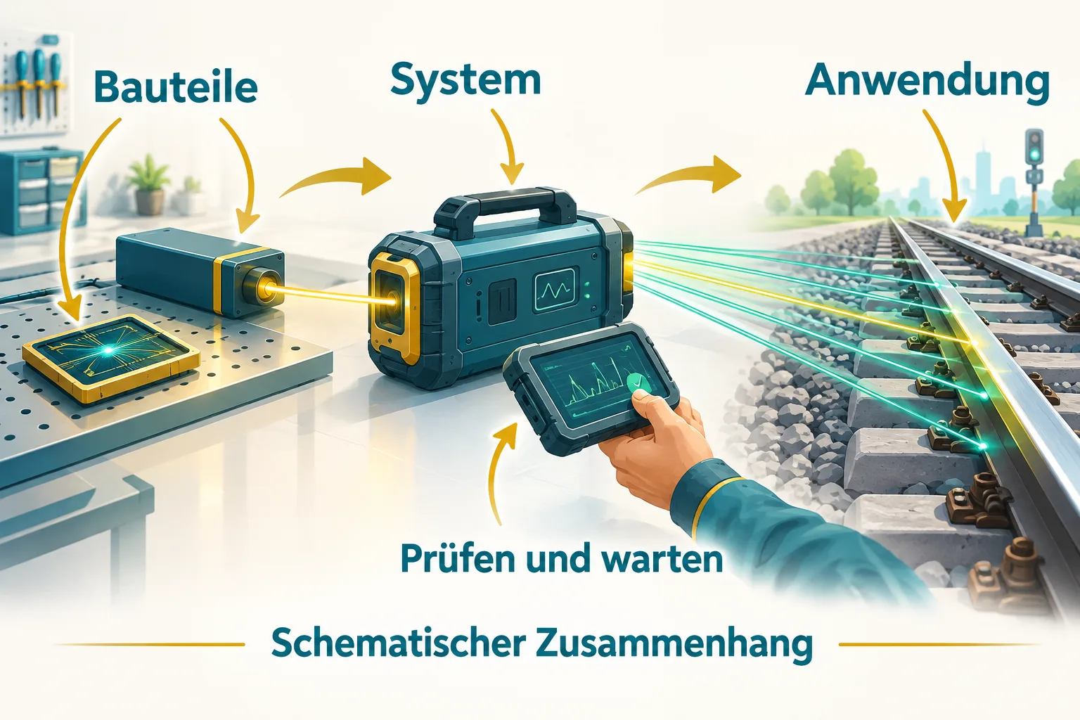 Schematische Kette von Laser und photonischem Chip über ein Sensorsystem und eine prüfende Technikerhand bis zur Anwendung am Bahngleis.