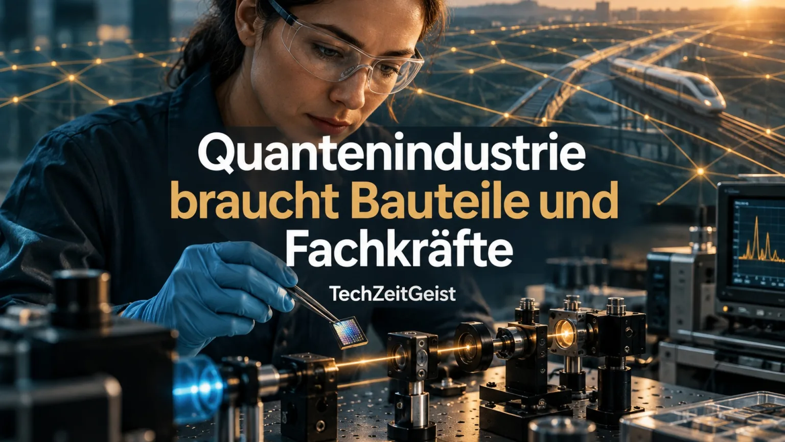 Laborarbeit an optischen Bauteilen mit vollständiger Artikelüberschrift und TechZeitGeist-Marke.