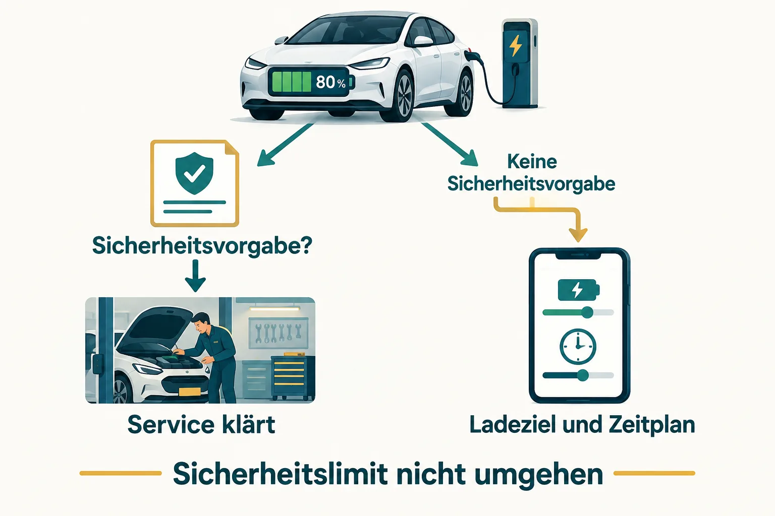 Schematischer Prüfweg für ein Auto mit 80-Prozent-Ladeanzeige: Sicherheitsvorgabe zum Service klären, normale Ladeziele und Zeitpläne nur ohne Sicherheitsvorgabe prüfen.