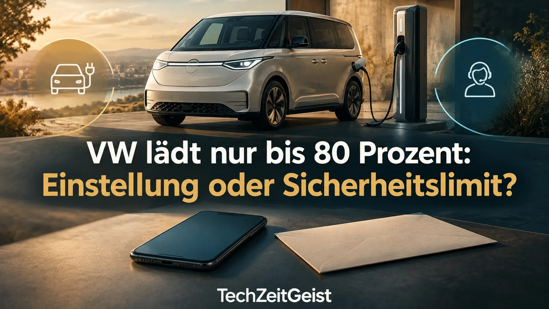 Symbolischer elektrischer Kleinbus mit vollständiger Artikelüberschrift und TechZeitGeist-Marke.
