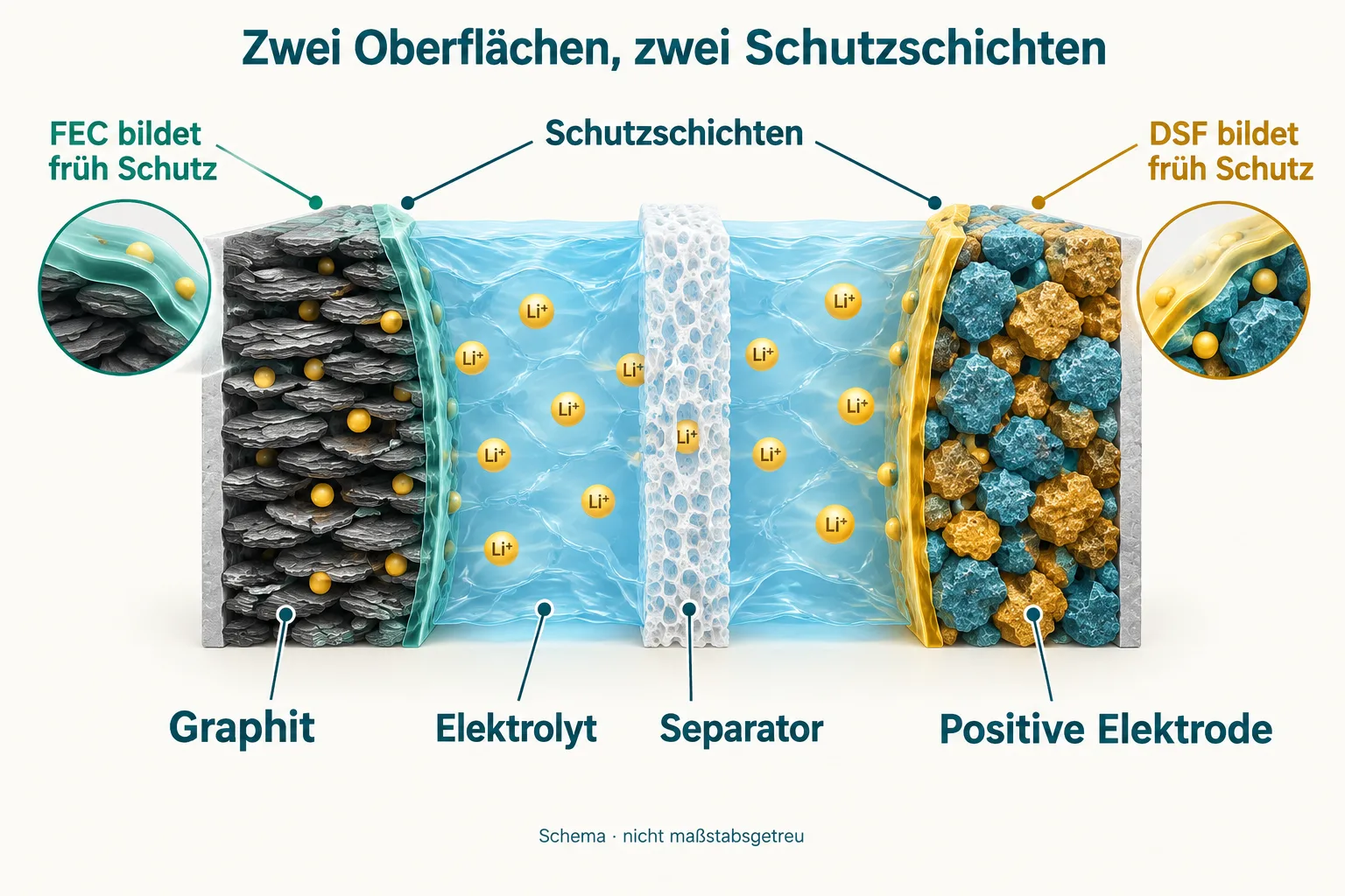 Schematischer Zellquerschnitt mit Graphit, positiver Elektrode, Separator und zwei durch FEC beziehungsweise DSF gebildeten Schutzschichten.