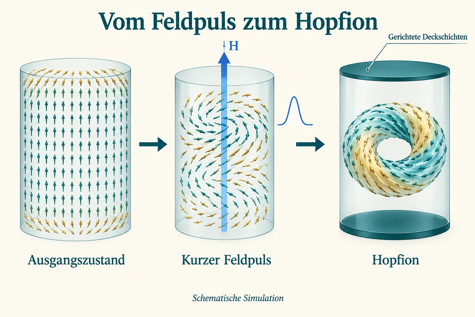 Drei schematische Zylinder zeigen Ausgangszustand, Feldpuls und ein ringförmig verdrehtes Magnetisierungsmuster mit gerichteten Deckschichten.