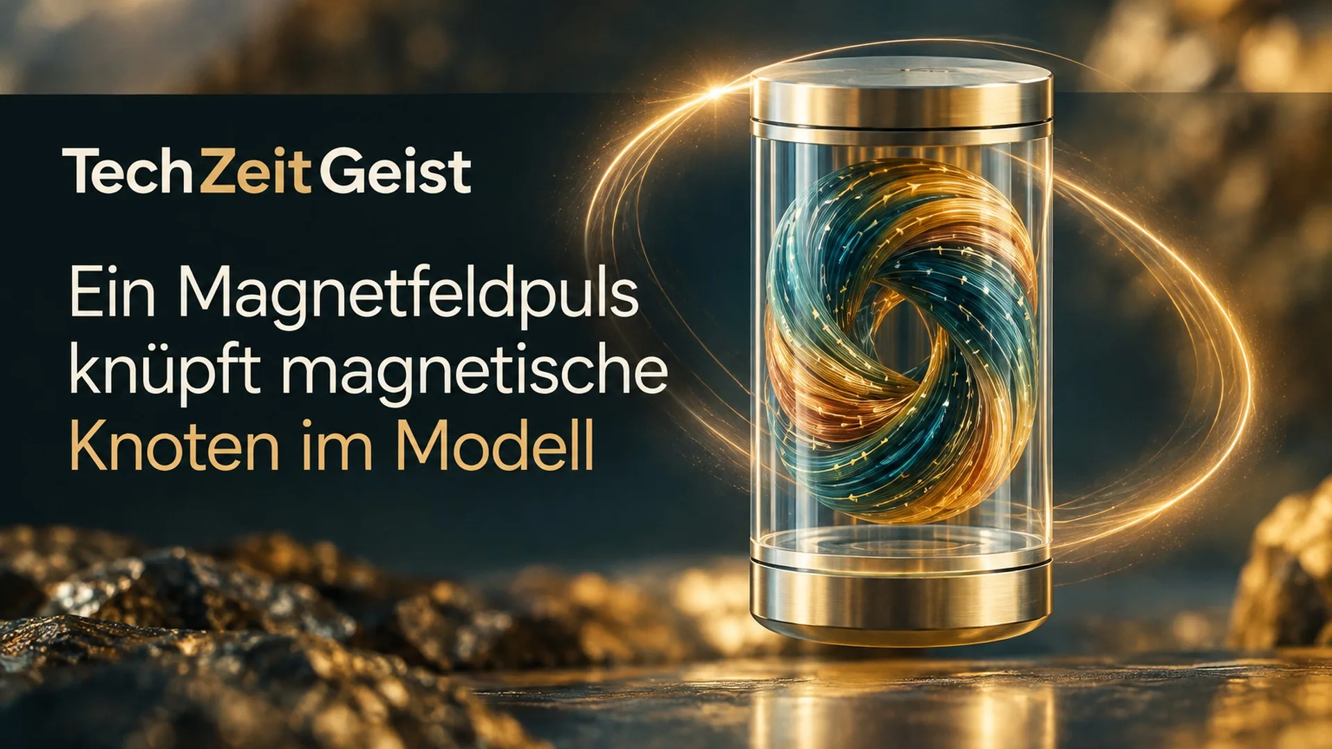 Zylindrischer Nanomagnet mit verdrehtem Ringmuster sowie Artikelüberschrift und TechZeitGeist-Marke.