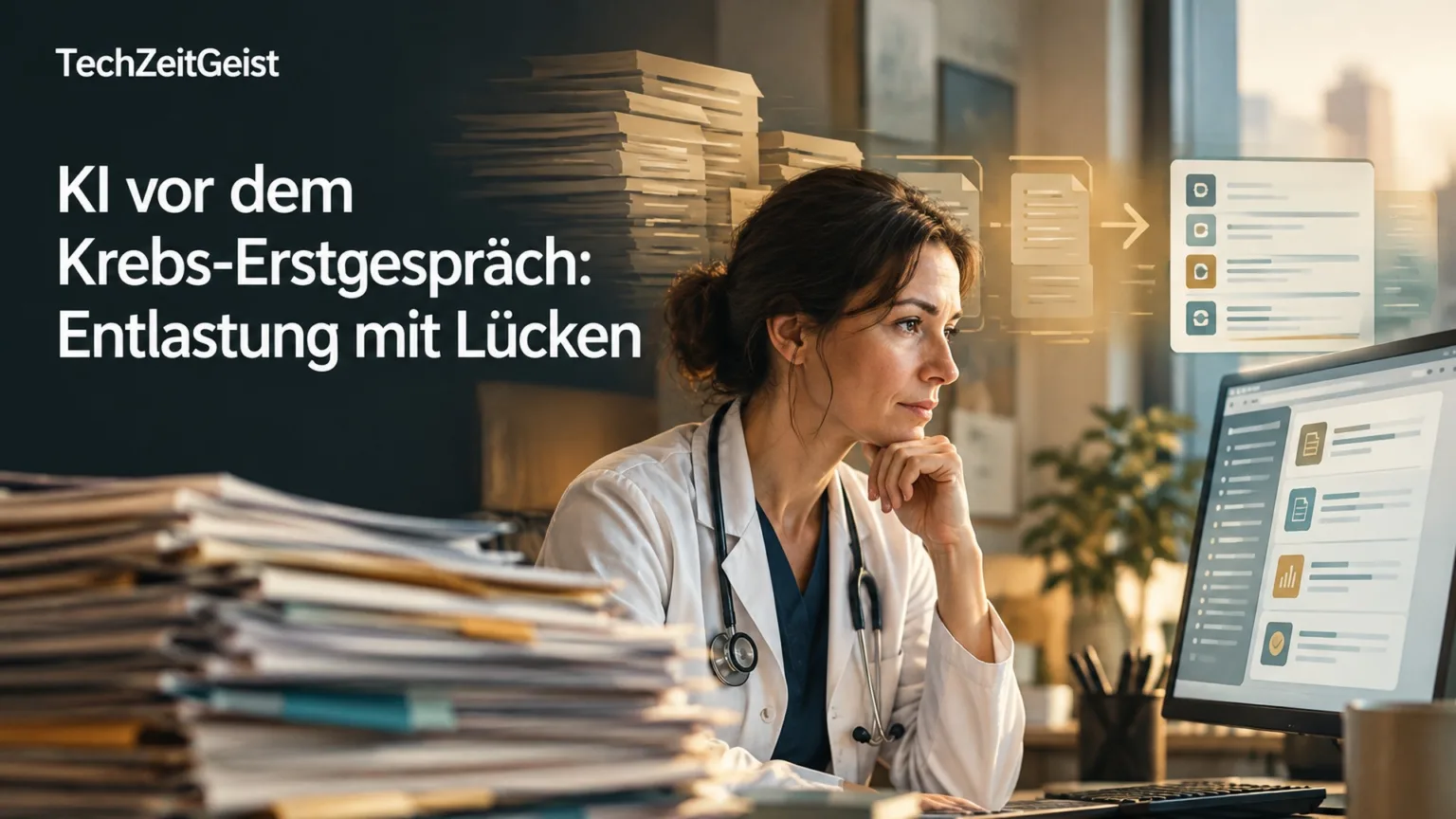 Ärztin vor einer Übersicht mit Artikelüberschrift und TechZeitGeist-Markenbeschriftung.