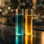 Zwei Küvetten mit petrolblauer und goldener Lösung vor symbolischen Molekülstrukturen.