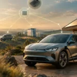Illustratives Elektroauto am Ladepunkt neben einem Solardach mit abstrakten Verbindungen zu kleinen Rechnern.