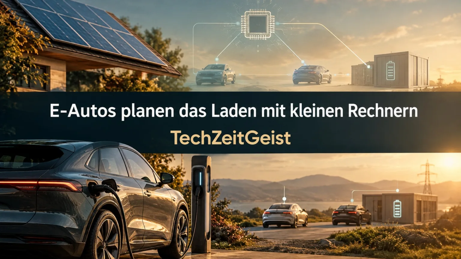 Elektroautos und Solardach mit Artikelüberschrift und TechZeitGeist-Markenbeschriftung.
