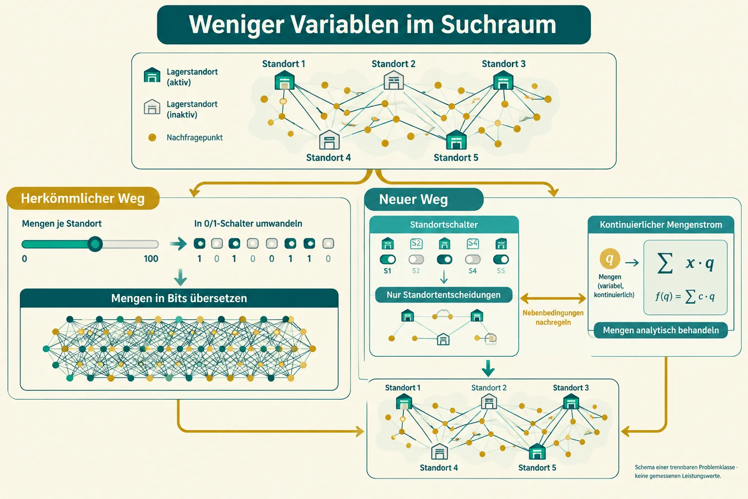 Ein Standortproblem verzweigt in einen großen QUBO mit zusätzlichen Mengenbits und einen kleineren QUBO, dessen kontinuierliche Mengen gesondert berechnet werden.