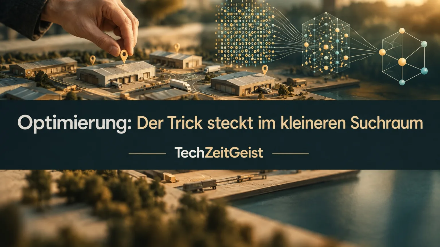 Eine Hand wählt ein Lagerhaus auf einem Architekturmodell mit mehreren möglichen Standorten. Mit der Artikelüberschrift und Marke TechZeitGeist.
