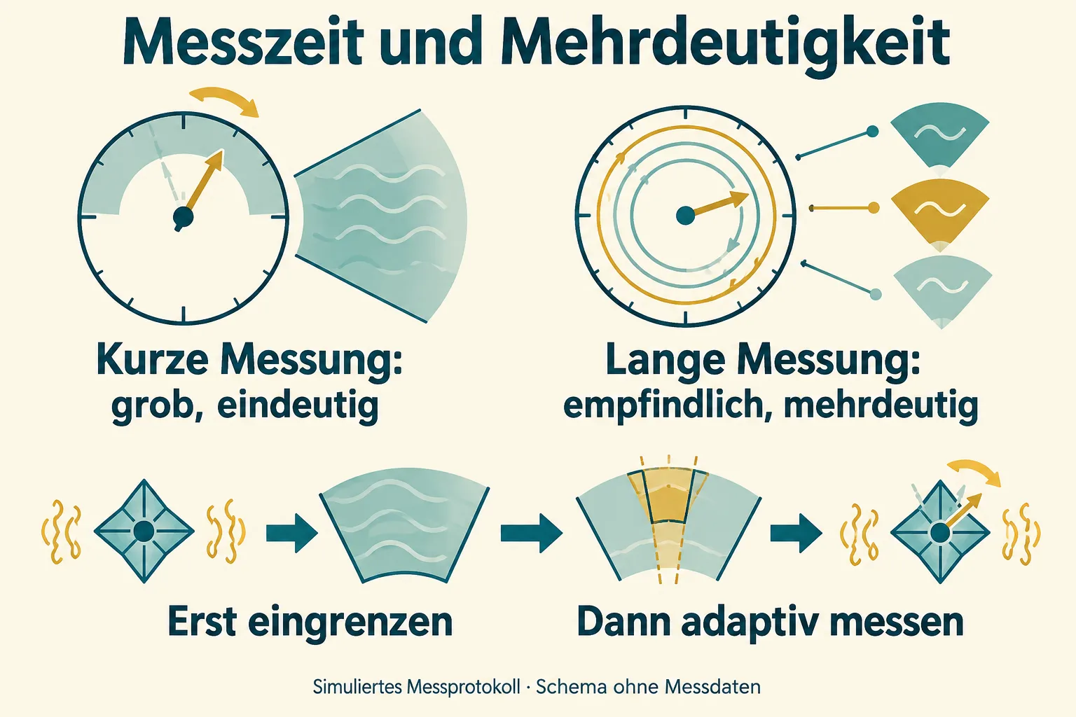 Kurze Messzeiten liefern eine grobe eindeutige Orientierung; lange Messzeiten können mehrere Feldwerte zulassen. Ein zweistufiger Prozess grenzt erst den Bereich ein und passt anschließend Messzeiten an.