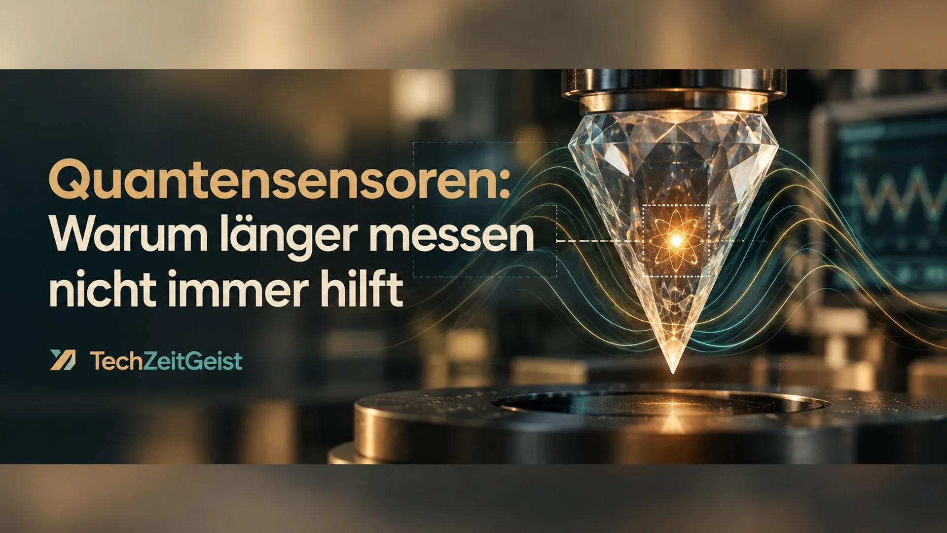 Konzeptmotiv eines Diamanten mit leuchtendem Defekt und schematischen Magnetfeld-Phasenbahnen. Mit der Artikelüberschrift und Marke TechZeitGeist.