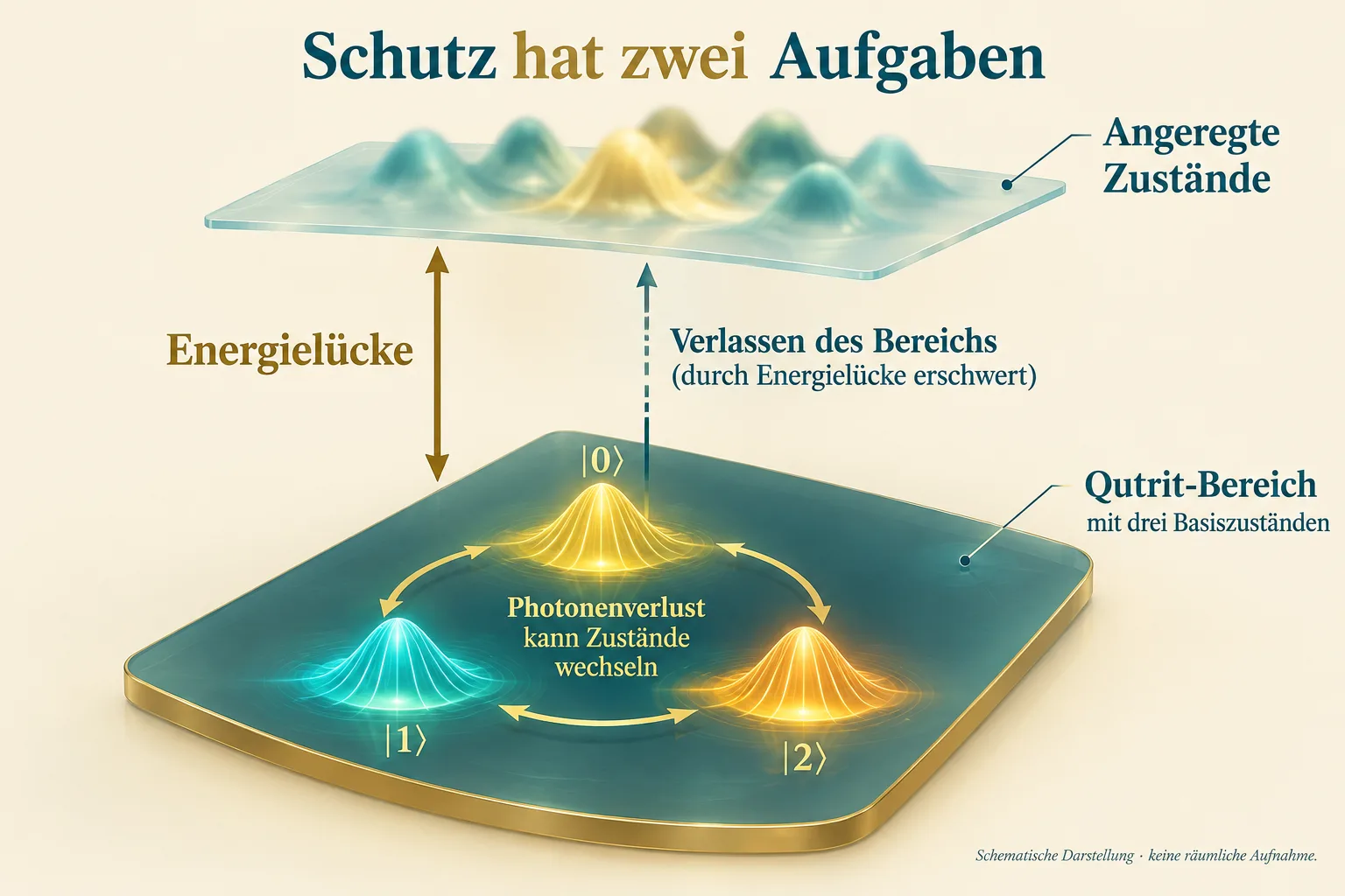 Ein schematischer Qutrit-Bereich mit drei Basiszuständen liegt durch eine Energielücke getrennt unter angeregten Zuständen; Photonenverlust kann innerhalb des Bereichs Zustände wechseln.