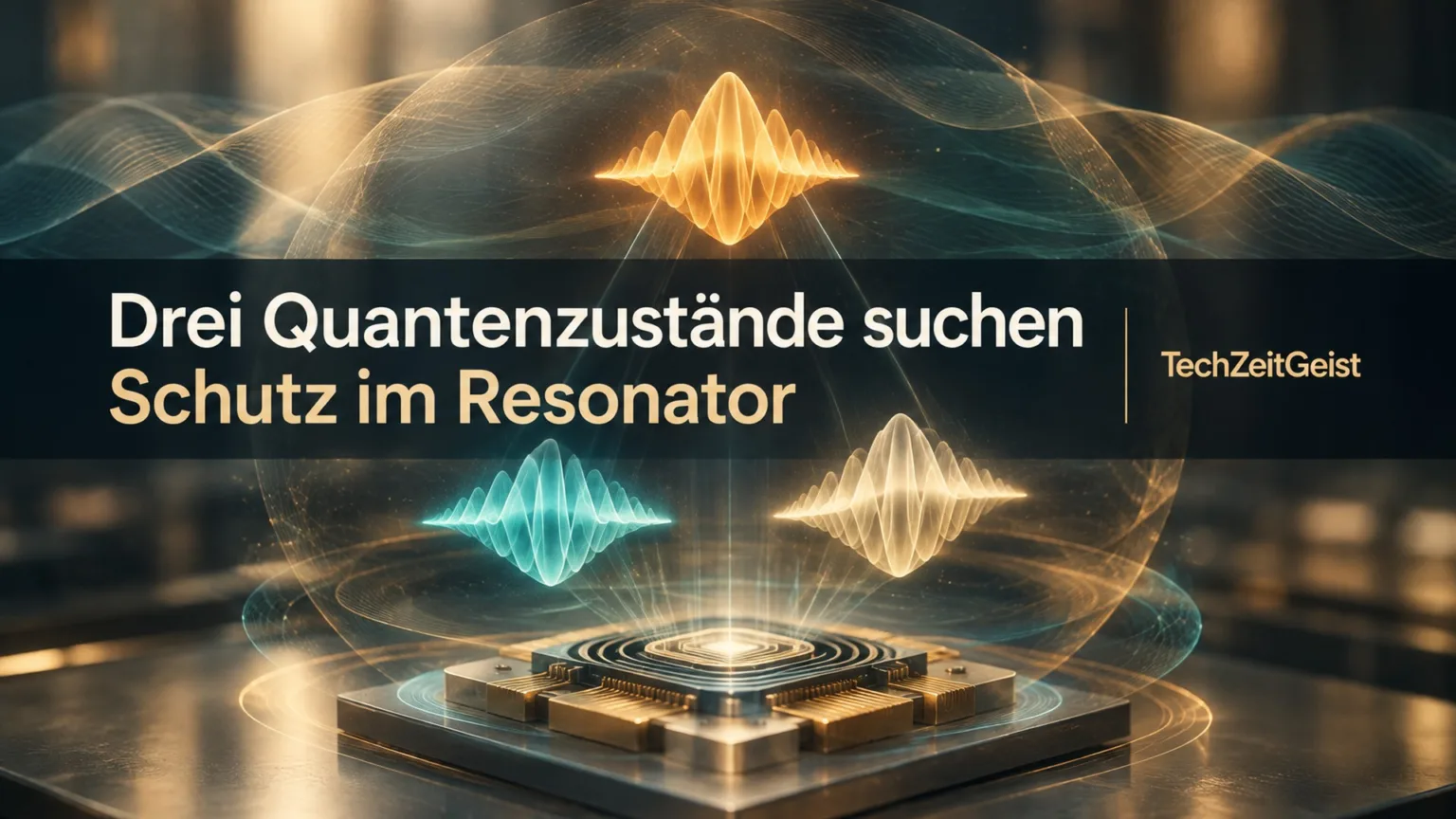 Konzeptmotiv eines Resonators mit drei leuchtenden Schwingungszuständen. Mit der Artikelüberschrift und Marke TechZeitGeist.