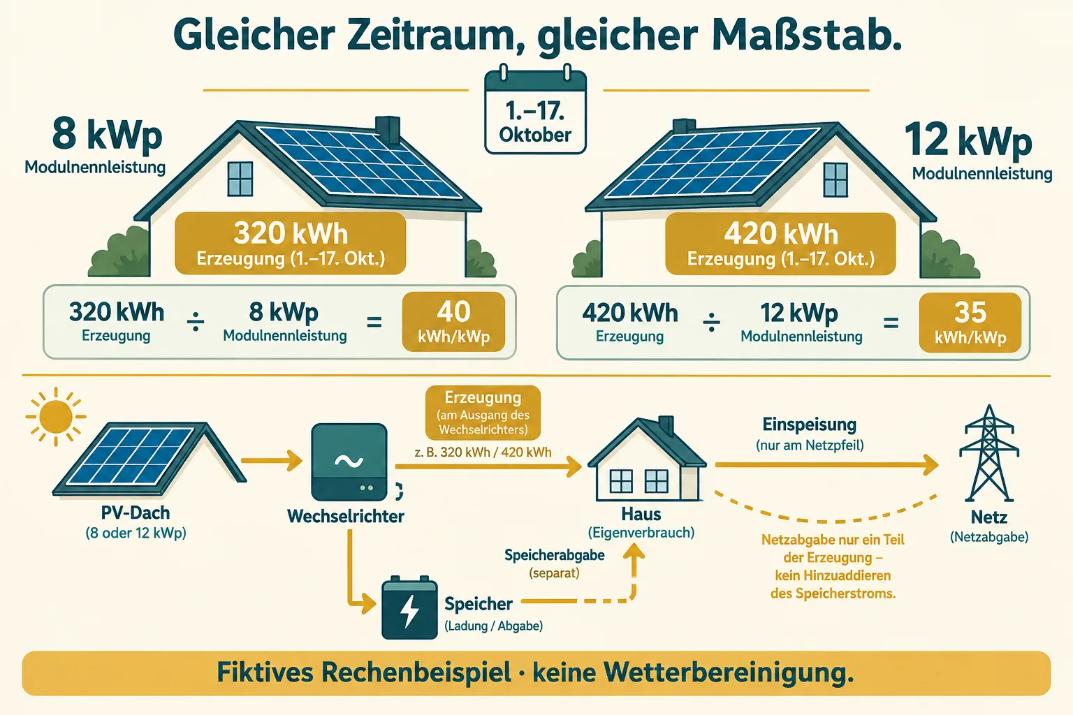 Zwei Dächer werden im gleichen Zeitraum auf Kilowattstunden je Kilowattpeak umgerechnet; darunter sind Erzeugung, Einspeisung und Speicherstrom getrennt dargestellt.