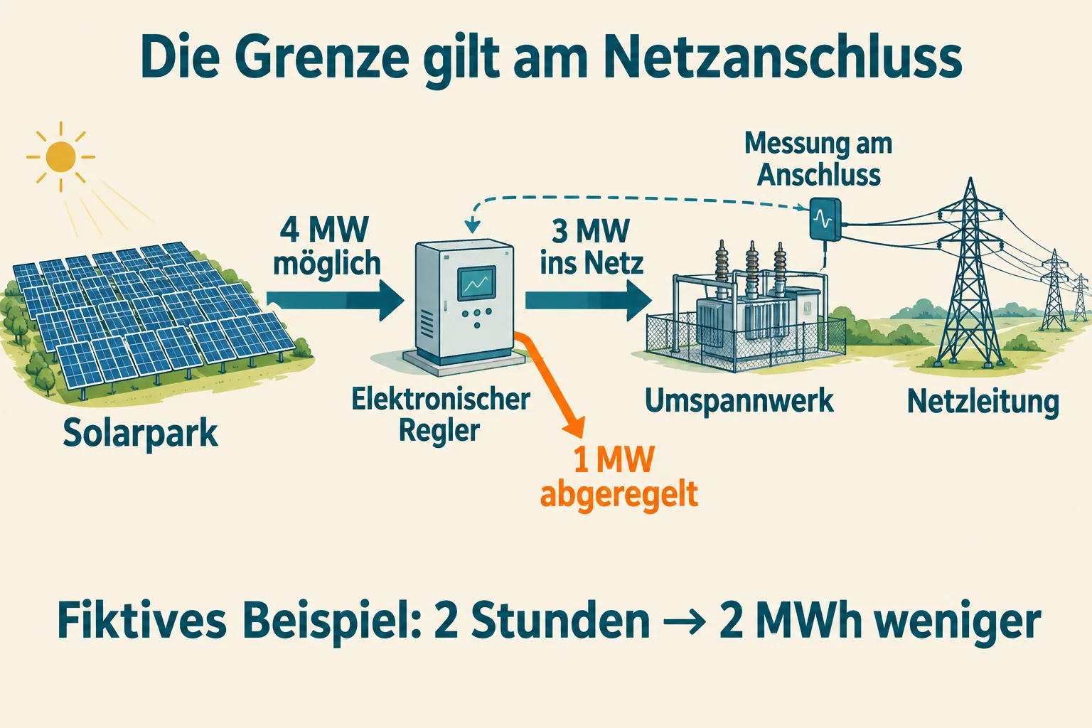 Schematischer Regelkreis: Ein Solarpark könnte vier Megawatt liefern, am Anschluss sind drei erlaubt; ein Megawatt wird abgeregelt.