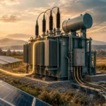 Solarpark, Transformator und Leitung im Bau in einer illustrativen Landschaft.