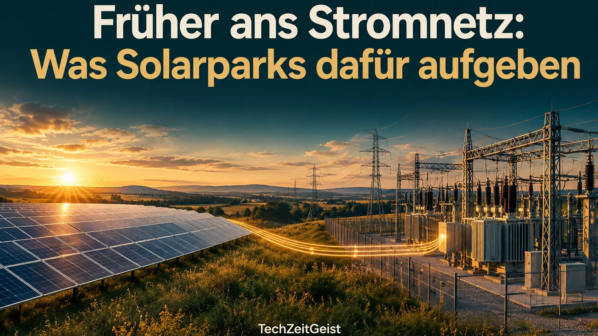 Solarpark und Umspannwerk mit der Überschrift des Artikels.
