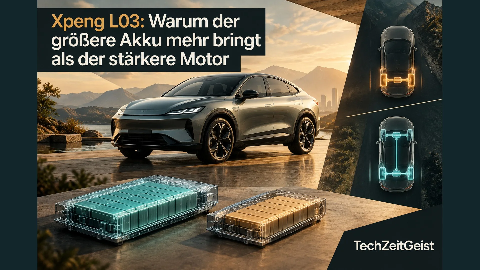 SUV-Coupé mit Akkupaketen, vollständiger Artikelüberschrift und TechZeitGeist-Schriftzug.