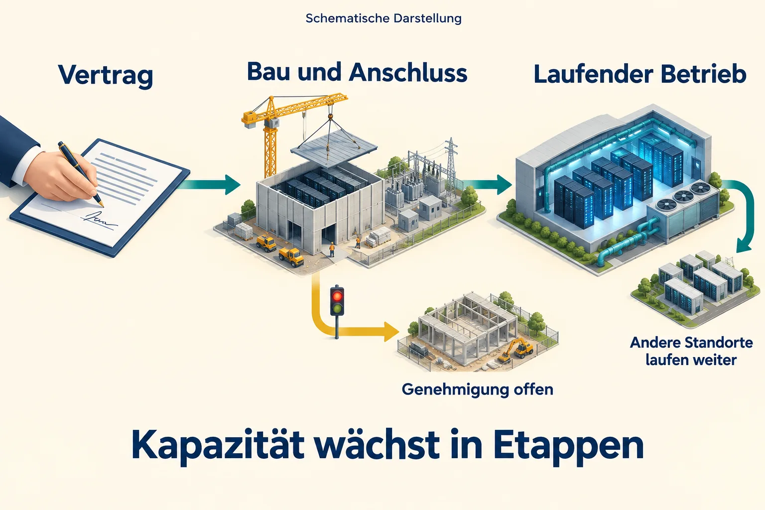Schematischer Weg vom Vertrag über Bau und Anschluss zum laufenden Rechenzentrum; ein anderer Zweig wartet auf Genehmigung.