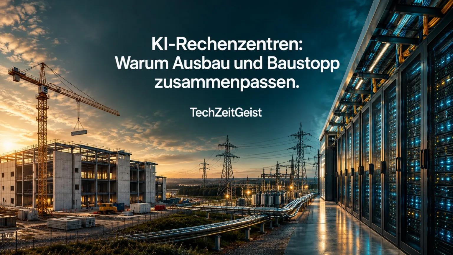 Rechenzentrumsbau und laufende Server mit der Artikelüberschrift.