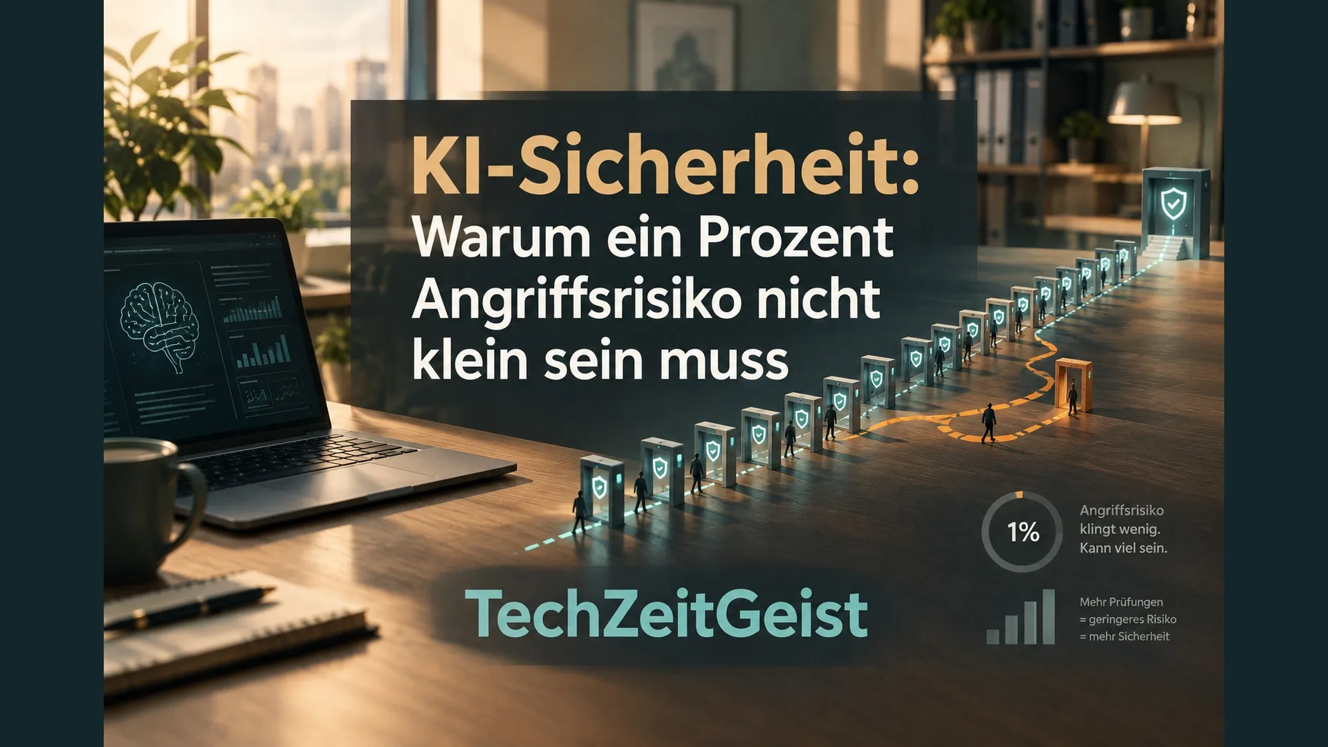 Illustration zu KI-Sicherheit: Warum ein Prozent Angriffsrisiko nicht klein sein muss. Mit vollständiger Artikelüberschrift undTechZeitGeist-Schriftzug.