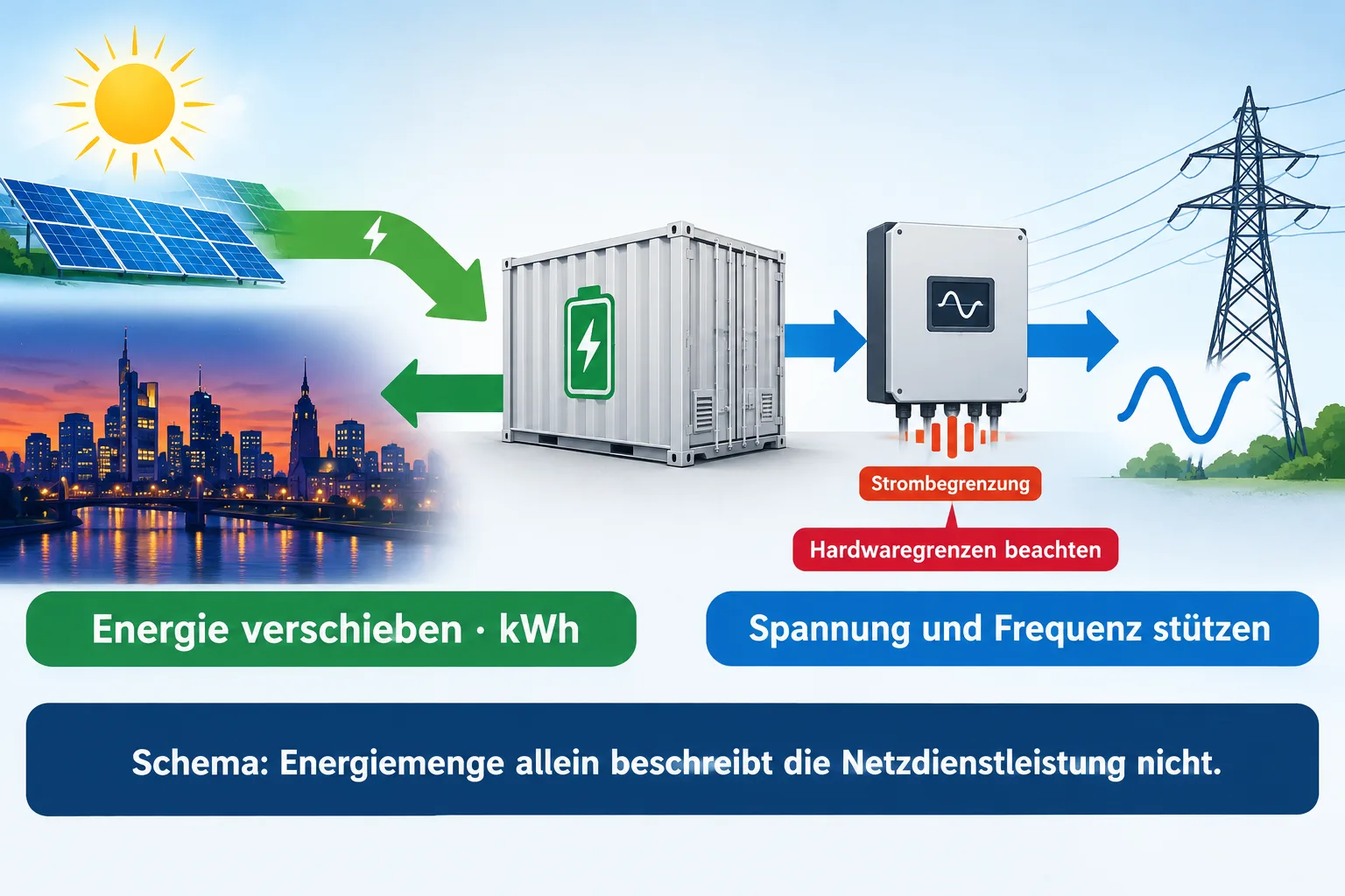Batteriespeicher verschiebt Energie und stützt über den Wechselrichter Spannung und Frequenz.