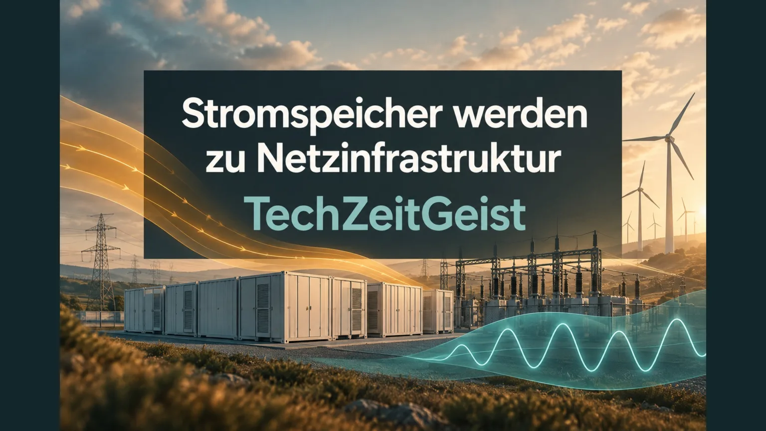 Illustration zu Stromspeicher werden zu Netzinfrastruktur. Mit vollständiger Artikelüberschrift undTechZeitGeist-Schriftzug.