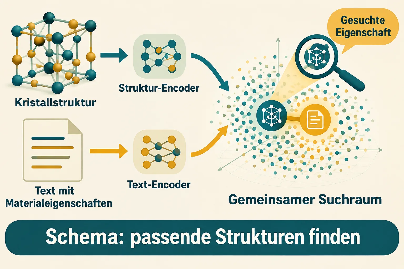 Zwei Encoder verbinden Kristallstruktur und Eigenschaftstext in einem gemeinsamen Suchraum.