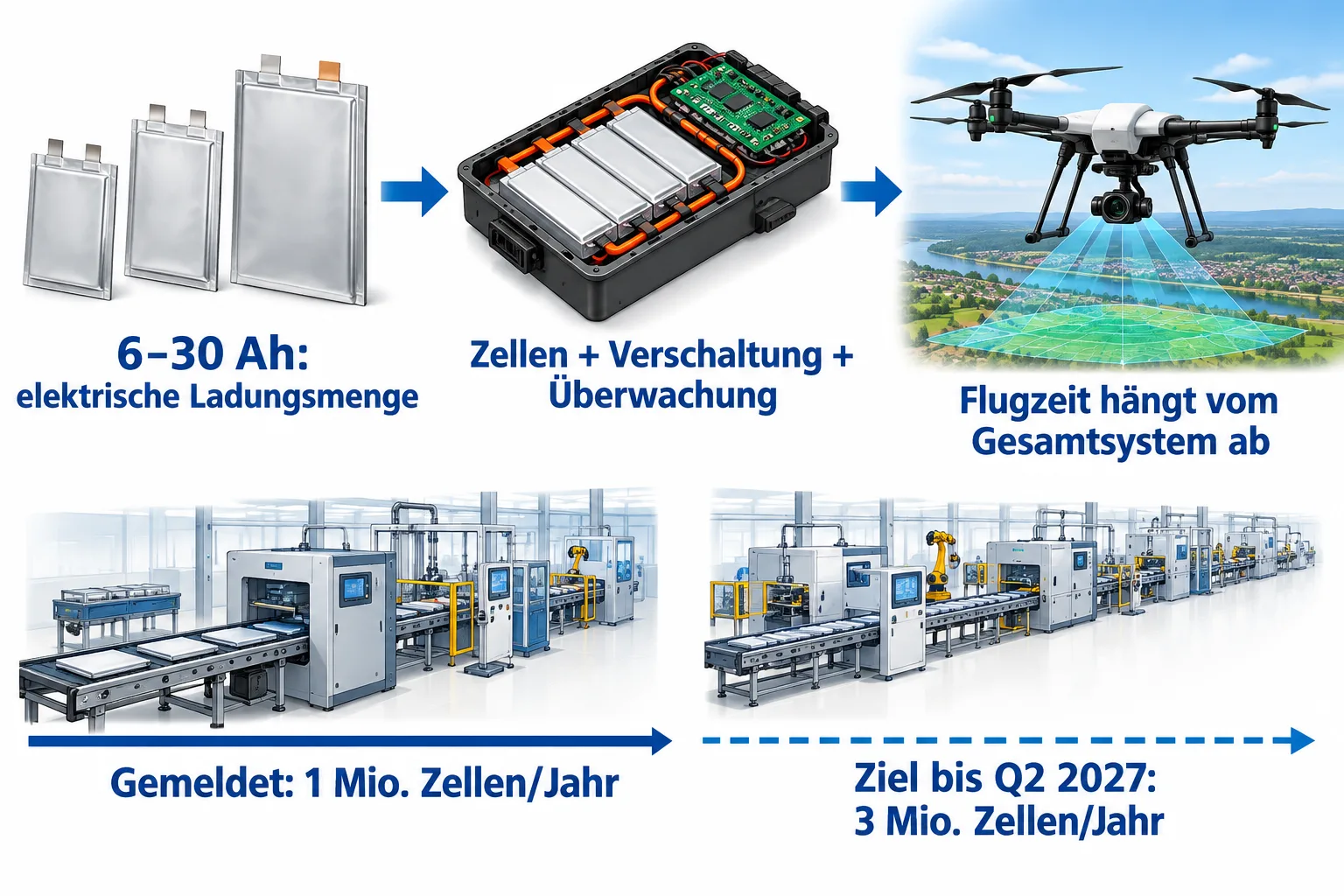 Pouch-Zellen führen über das Batteriepack zur zivilen Drohne; gemeldete und geplante Jahreskapazität getrennt.